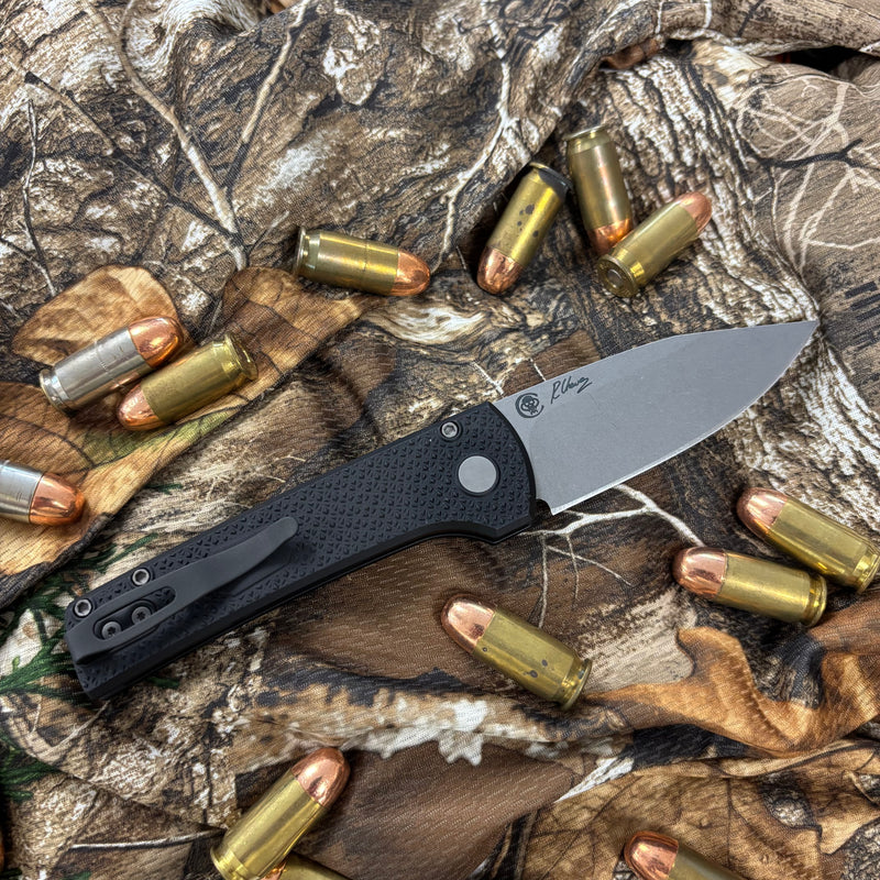Load image into Gallery viewer, Protech RCS1105 Ramon Chavez designed Scapegoat compact auto, carbide textured black aluminum handle, stonewash Magnamax blade, blasted hardware, black deep carry clip, knife
