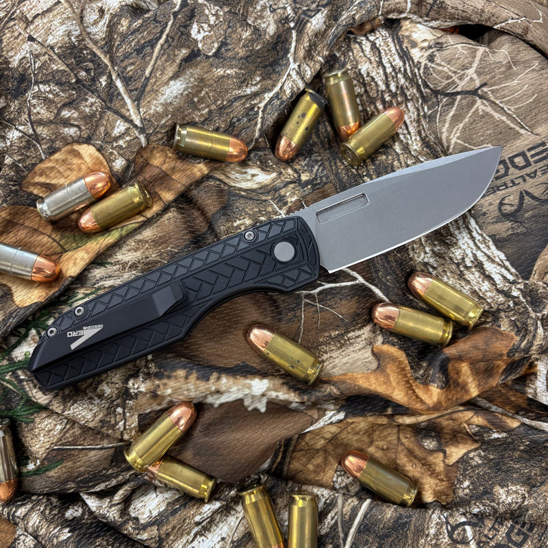 Load image into Gallery viewer, Protech VERO2105 MM, Vero Synapse 2, black heringbone textured aluminum handles, stonewash CPM-Magnamax blade, blasted hardware, DLC machined titanium clip, knife
