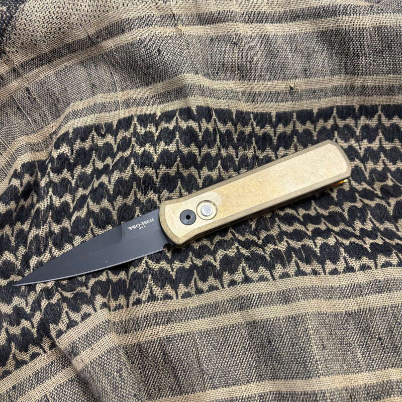 Load image into Gallery viewer, Protech 7112 Godson 3.15" LIMITED Stonewash Solid Bronze AL Handle DLC Black Blade Mother of Pearl Button Auto Knife
