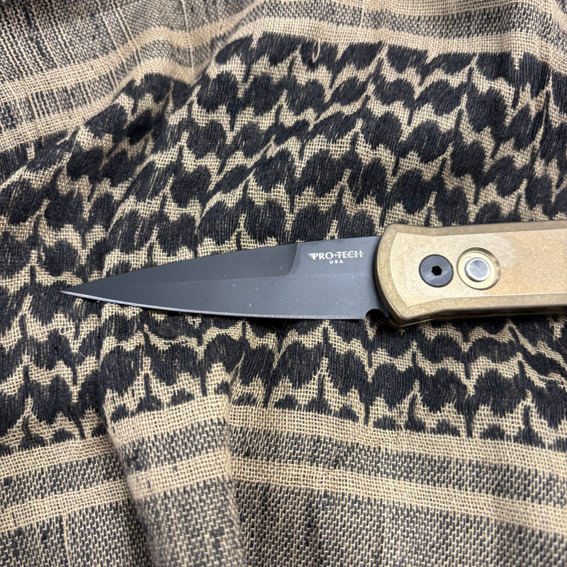 Load image into Gallery viewer, Protech 7112 Godson 3.15" LIMITED Stonewash Solid Bronze AL Handle DLC Black Blade Mother of Pearl Button Auto Knife
