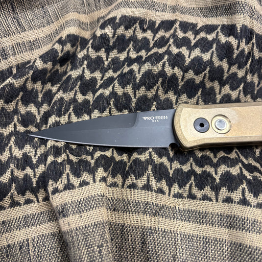 Protech 7112 Godson 3.15" LIMITED Stonewash Solid Bronze AL Handle DLC Black Blade Mother of Pearl Button Auto Knife