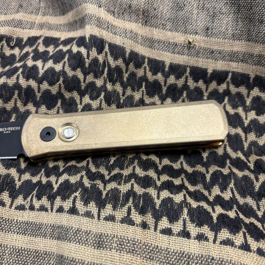 Protech 7112 Godson 3.15" LIMITED Stonewash Solid Bronze AL Handle DLC Black Blade Mother of Pearl Button Auto Knife