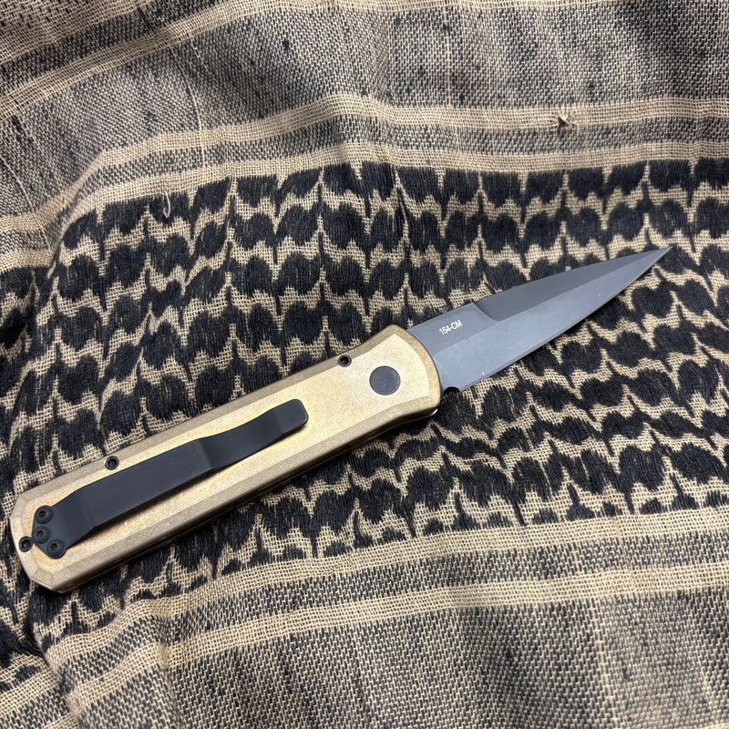 Load image into Gallery viewer, Protech 7112 Godson 3.15" LIMITED Stonewash Solid Bronze AL Handle DLC Black Blade Mother of Pearl Button Auto Knife
