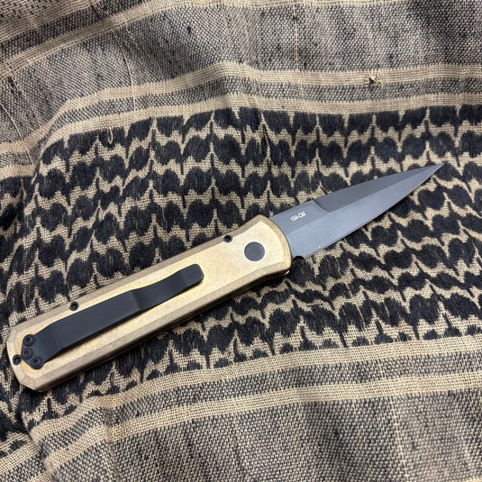 Protech 7112 Godson 3.15" LIMITED Stonewash Solid Bronze AL Handle DLC Black Blade Mother of Pearl Button Auto Knife