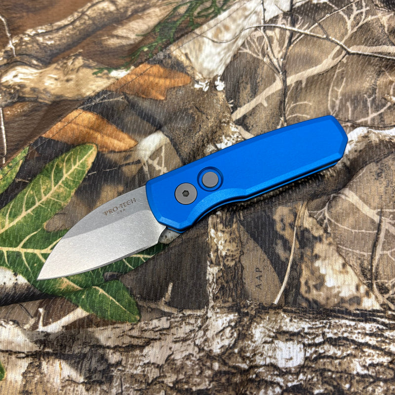 Load image into Gallery viewer, Protech Runt 5 R5301-Blue Smooth Blue Handle 1.9" Stonewash MAGNACUT Wharncliffe Blade Blasted Hardware Automatic Knife
