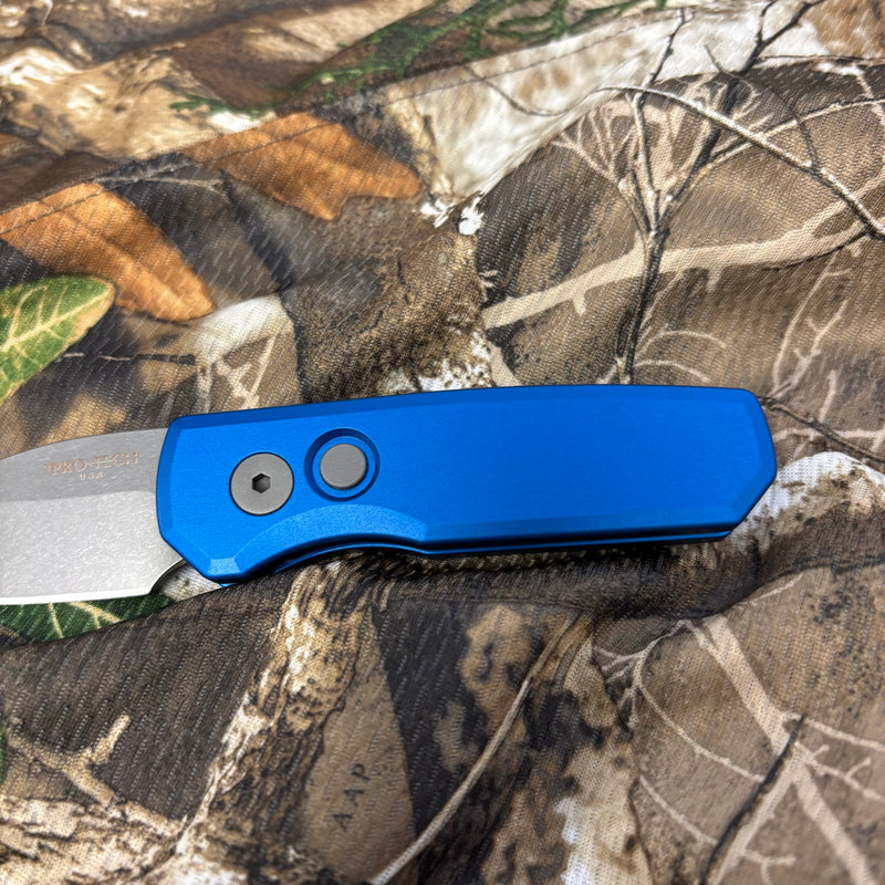 Load image into Gallery viewer, Protech Runt 5 R5301-Blue Smooth Blue Handle 1.9" Stonewash MAGNACUT Wharncliffe Blade Blasted Hardware Automatic Knife
