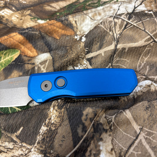 Protech Runt 5 R5301-Blue Smooth Blue Handle 1.9" Stonewash MAGNACUT Wharncliffe Blade Blasted Hardware Automatic Knife