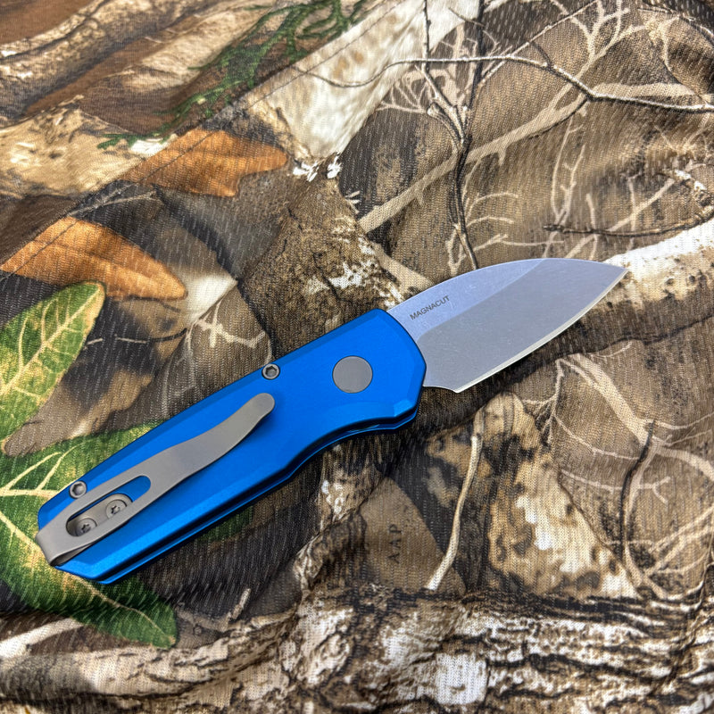 Load image into Gallery viewer, Protech Runt 5 R5301-Blue Smooth Blue Handle 1.9" Stonewash MAGNACUT Wharncliffe Blade Blasted Hardware Automatic Knife
