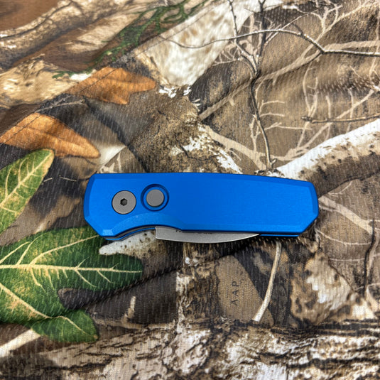 Protech Runt 5 R5301-Blue Smooth Blue Handle 1.9" Stonewash MAGNACUT Wharncliffe Blade Blasted Hardware Automatic Knife