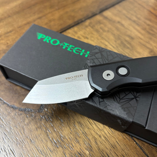 Protech Runt 5 R5201 Smooth Black Handle 1.9" Stonewash 20CV Reverse Tanto Blade Auto Knife