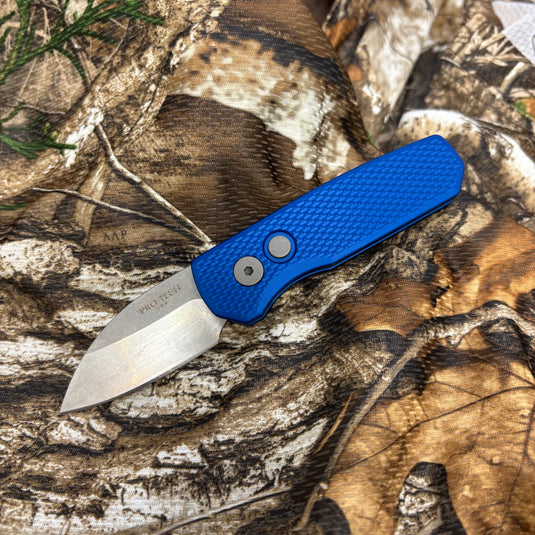 Protech Runt 5 R5305-BLUE Textured Blue Handle 1.9" Stonewash MAGNACUT Wharncliffe Blade Blasted Hardware Automatic Knife