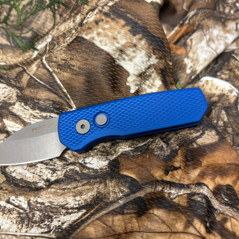 Load image into Gallery viewer, Protech Runt 5 R5305-BLUE Textured Blue Handle 1.9" Stonewash MAGNACUT Wharncliffe Blade Blasted Hardware Automatic Knife
