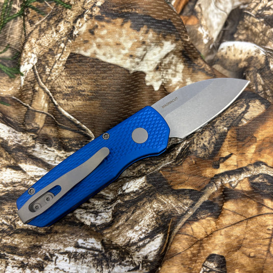 Protech Runt 5 R5305-BLUE Textured Blue Handle 1.9" Stonewash MAGNACUT Wharncliffe Blade Blasted Hardware Automatic Knife