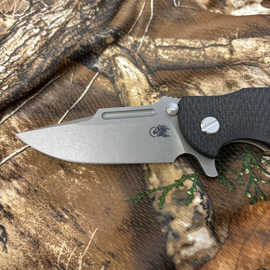 Rick Hinderer Jurassic Frontier 3.375" Magnacut Clip Point, Tri-Way, Working Finish, Black Green G10 Knife