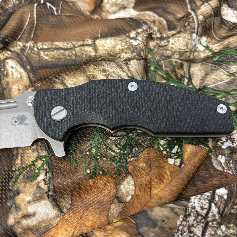 Load image into Gallery viewer, Rick Hinderer Jurassic Frontier 3.375" Magnacut Clip Point, Tri-Way, Working Finish, Black Green G10 Knife
