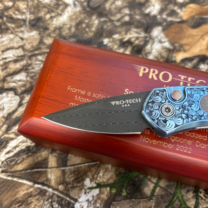 Load image into Gallery viewer, Protech 2022 Sprint Custom 002 2" Blue Anodized Titanium Frame Engraved by Bruce Shaw, Vegas Forge Damascus Blade, Pearl Button, Pearl Inlay, Titanium Clip Automatic Knife
