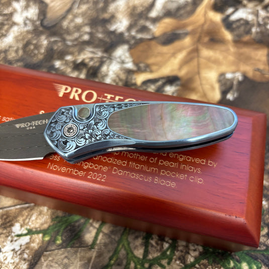 Protech 2022 Sprint Custom 002 2" Blue Anodized Titanium Frame Engraved by Bruce Shaw, Vegas Forge Damascus Blade, Pearl Button, Pearl Inlay, Titanium Clip Automatic Knife
