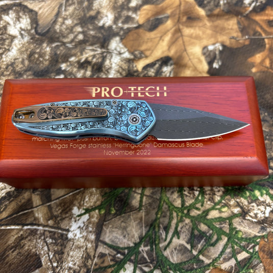 Protech 2022 Sprint Custom 002 2" Blue Anodized Titanium Frame Engraved by Bruce Shaw, Vegas Forge Damascus Blade, Pearl Button, Pearl Inlay, Titanium Clip Automatic Knife