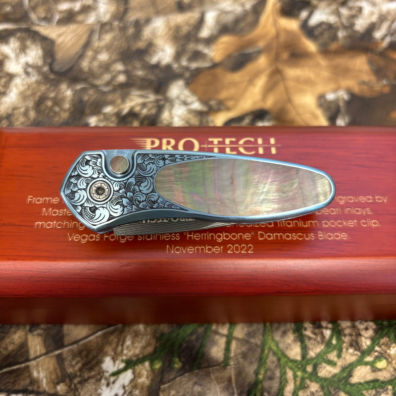 Load image into Gallery viewer, Protech 2022 Sprint Custom 002 2" Blue Anodized Titanium Frame Engraved by Bruce Shaw, Vegas Forge Damascus Blade, Pearl Button, Pearl Inlay, Titanium Clip Automatic Knife
