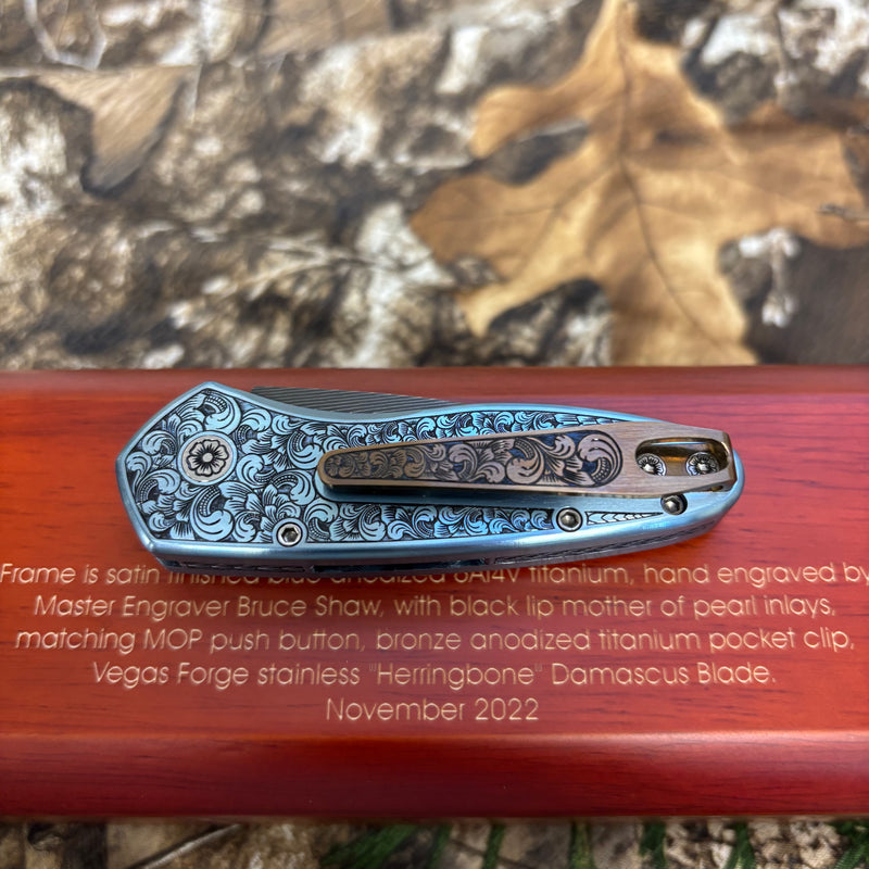 Load image into Gallery viewer, Protech 2022 Sprint Custom 002 2" Blue Anodized Titanium Frame Engraved by Bruce Shaw, Vegas Forge Damascus Blade, Pearl Button, Pearl Inlay, Titanium Clip Automatic Knife
