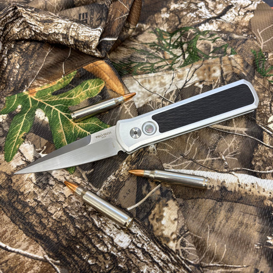 Protech 7210-Silver Crosscut 20CV Godson 3.15" Single Inlay Silver Handle with Crosscut Carbon Fiber Inlay Knife