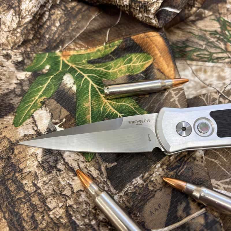 Load image into Gallery viewer, Protech 7210-Silver Crosscut 20CV Godson 3.15" Single Inlay Silver Handle with Crosscut Carbon Fiber Inlay Knife
