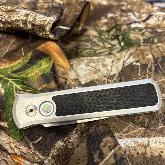 Protech 7210-Silver Crosscut 20CV Godson 3.15" Single Inlay Silver Handle with Crosscut Carbon Fiber Inlay Knife