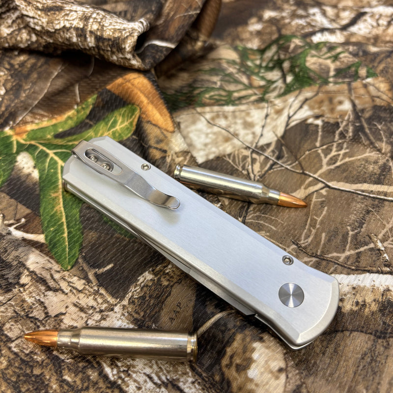 Load image into Gallery viewer, Protech 7210-Silver Crosscut 20CV Godson 3.15" Single Inlay Silver Handle with Crosscut Carbon Fiber Inlay Knife
