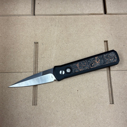 Protech 7210 Livewire 20CV Godson 3.15" Single Inlay Black Handle with Livewire Copper Carbon Fiber Inlay, Black Lip Pearl Button Knife