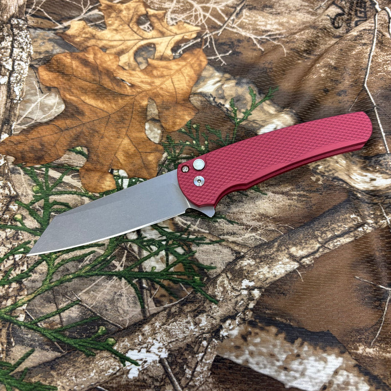 Load image into Gallery viewer, Protech 5405 LTD-Red Malibu Flipper, Textured Red Handles, Stonewash Magnacut Reverse Tanto Blade, Gold Lip Pearl Button Knife
