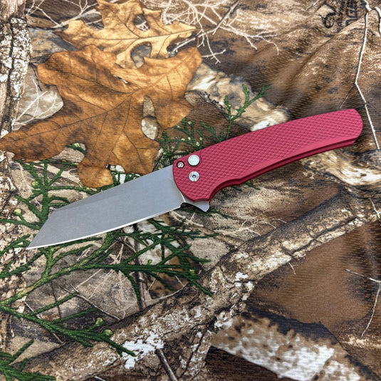 Protech 5405 LTD-Red Malibu Flipper, Textured Red Handles, Stonewash Magnacut Reverse Tanto Blade, Gold Lip Pearl Button Knife