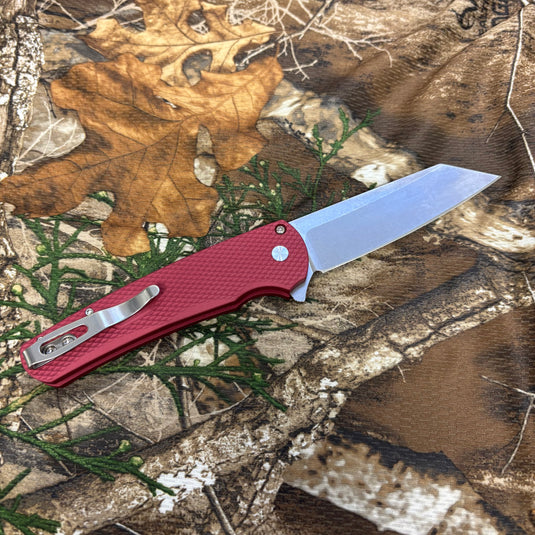 Protech 5405 LTD-Red Malibu Flipper, Textured Red Handles, Stonewash Magnacut Reverse Tanto Blade, Gold Lip Pearl Button Knife