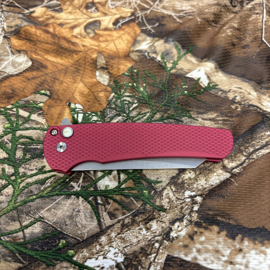 Protech 5405 LTD-Red Malibu Flipper, Textured Red Handles, Stonewash Magnacut Reverse Tanto Blade, Gold Lip Pearl Button Knife