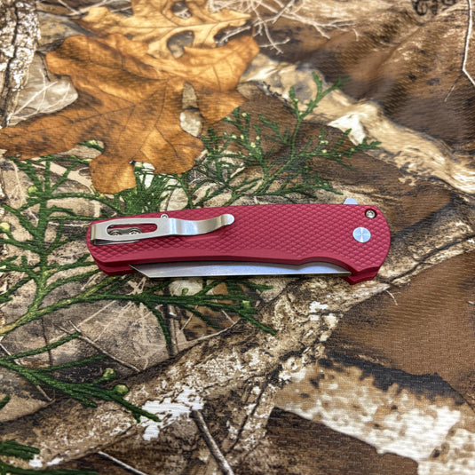 Protech 5405 LTD-Red Malibu Flipper, Textured Red Handles, Stonewash Magnacut Reverse Tanto Blade, Gold Lip Pearl Button Knife