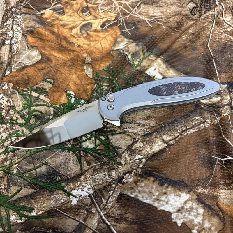 Load image into Gallery viewer, Protech 2025 Cambria Custom 004, Cambria 2 Flipper, Grey AL Handle with TechnoCarbo Copper Inlay, Mike Irie Compound Ground Blade, Black Lip Pearl Button Knife BLADE SHOW 2025
