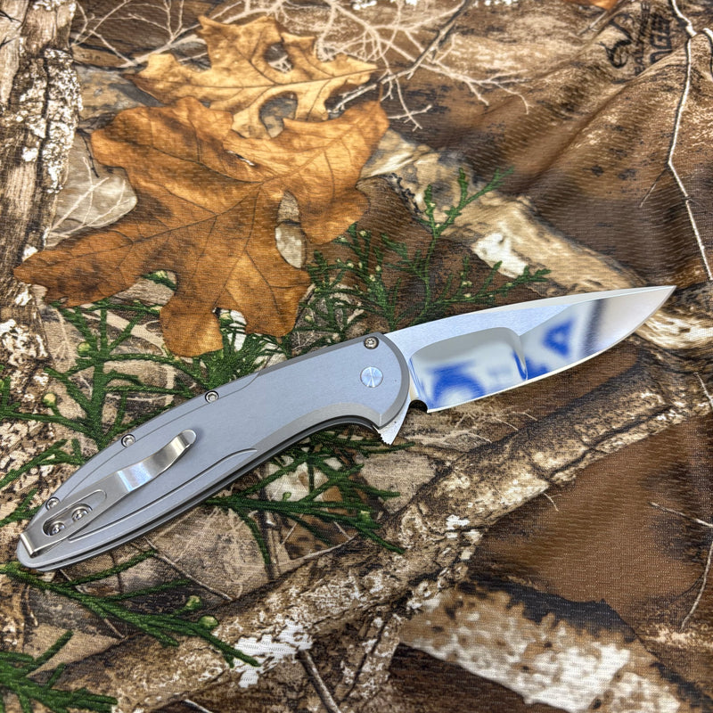 Load image into Gallery viewer, Protech 2025 Cambria Custom 004, Cambria 2 Flipper, Grey AL Handle with TechnoCarbo Copper Inlay, Mike Irie Compound Ground Blade, Black Lip Pearl Button Knife BLADE SHOW 2025
