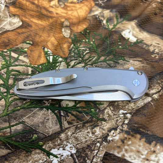 Protech 2025 Cambria Custom 004, Cambria 2 Flipper, Grey AL Handle with TechnoCarbo Copper Inlay, Mike Irie Compound Ground Blade, Black Lip Pearl Button Knife BLADE SHOW 2025
