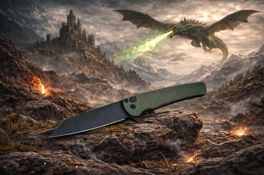 Protech 5236-GREEN Malibu Flipper, 7075 Dragon Scale Green AL Handles, Black Hardware, Black DLC 20CV Reverse Tanto Blade, Black Clip, Knife