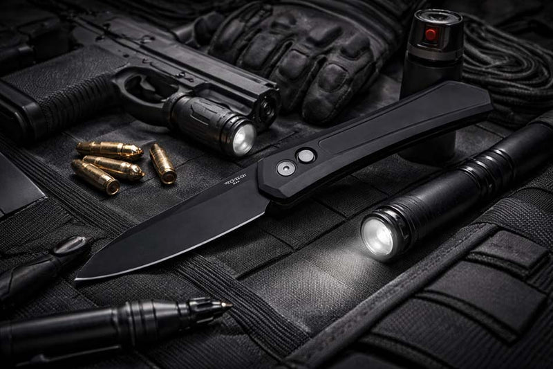 Load image into Gallery viewer, Protech DS103 Oligarch Dmitry Sinkevick Design Solid Black Aluminum Handles, DLC Black Magnacut Blade Knife
