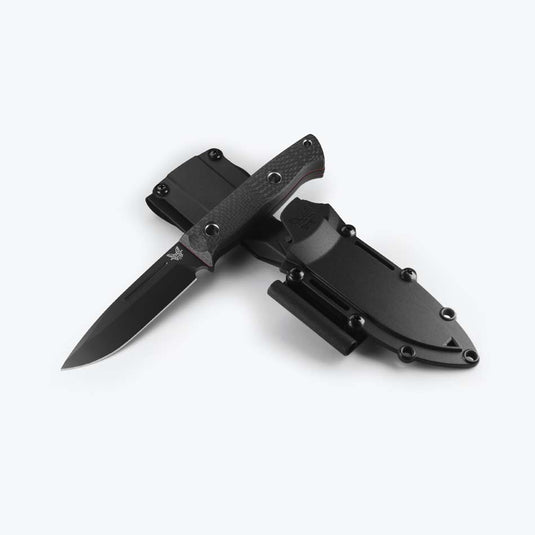 Benchmade 163BK Bushcrafter 4.3" CPM-CruWear Drop Point Fixed Blade Knife Carbon Fiber with Red G10 Layer Handle