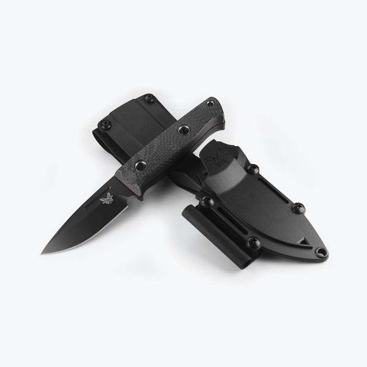 Benchmade 165BK Mini Bushcrafter 3.38" CPM-CruWear Drop Point Fixed Blade Knife Carbon Fiber with Red G10 Layer Handle