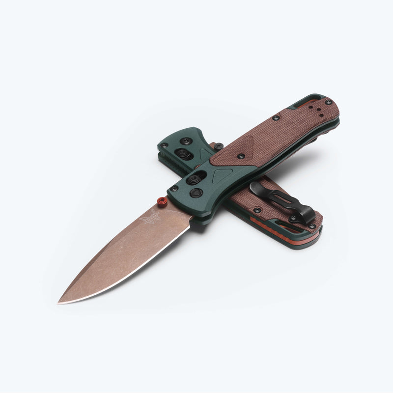 Load image into Gallery viewer, Benchmade 535FE-2602 Bugout, 3.24" S90V Drop Point, Taiga Green Aluminum with Brown Canvas Micarta Handles Knife
