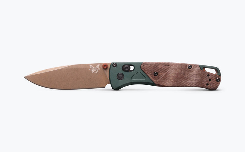 Load image into Gallery viewer, Benchmade 535FE-2602 Bugout, 3.24" S90V Drop Point, Taiga Green Aluminum with Brown Canvas Micarta Handles Knife
