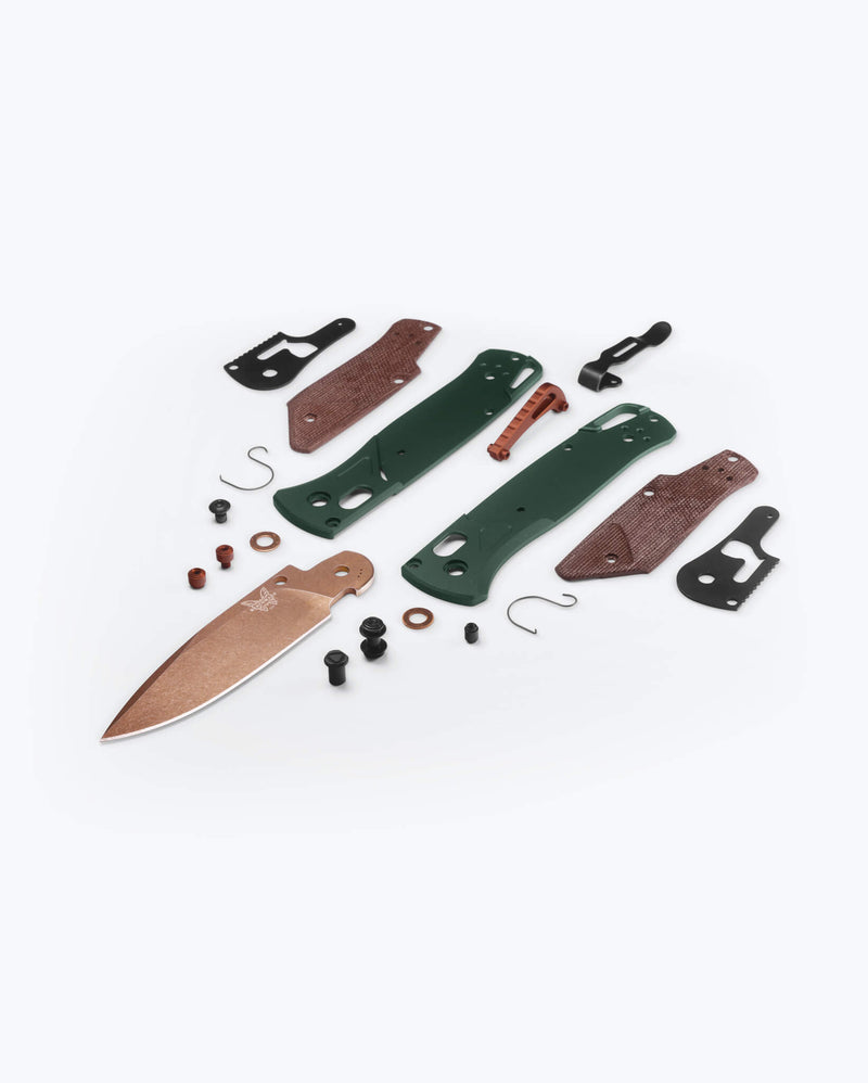 Load image into Gallery viewer, Benchmade 535FE-2602 Bugout, 3.24" S90V Drop Point, Taiga Green Aluminum with Brown Canvas Micarta Handles Knife

