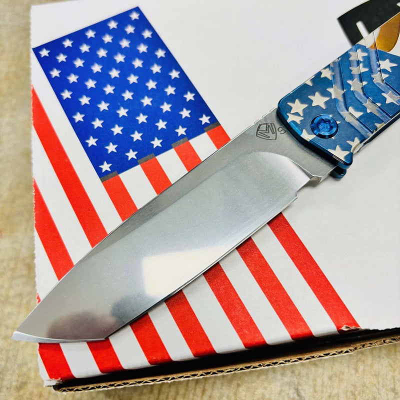 Load image into Gallery viewer, Medford Antik Front Flipper, S35VN Tumbled TANTO, Blue American Flag Knife Serial 403-306
