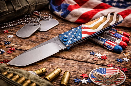 Medford Antik Front Flipper, S35VN Tumbled TANTO, Blue American Flag Knife Serial 403-306