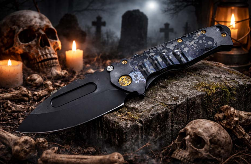 Load image into Gallery viewer, Medford Praetorian T S45VN 3.75" DLC Drop Point Blade DLC Graveyard Skulls Handles Knife Serial 310-785
