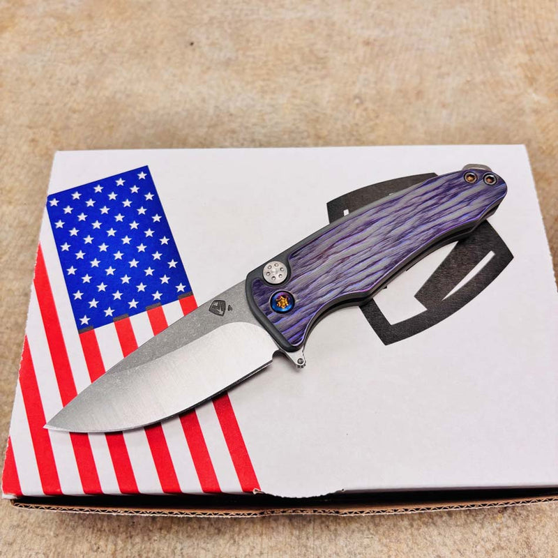 Load image into Gallery viewer, Medford Smooth Criminal Ti S45VN 3" Tumbled Blade, Bead Blasted Cement with Brushed Violet Bark Handles, Knife Serial 505-071
