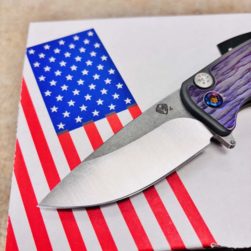 Load image into Gallery viewer, Medford Smooth Criminal Ti S45VN 3" Tumbled Blade, Bead Blasted Cement with Brushed Violet Bark Handles, Knife Serial 505-071
