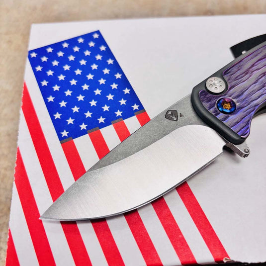 Medford Smooth Criminal Ti S45VN 3" Tumbled Blade, Bead Blasted Cement with Brushed Violet Bark Handles, Knife Serial 505-071